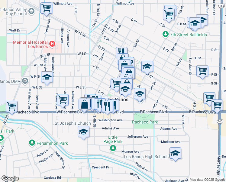 map of restaurants, bars, coffee shops, grocery stores, and more near 511 K Street in Los Banos