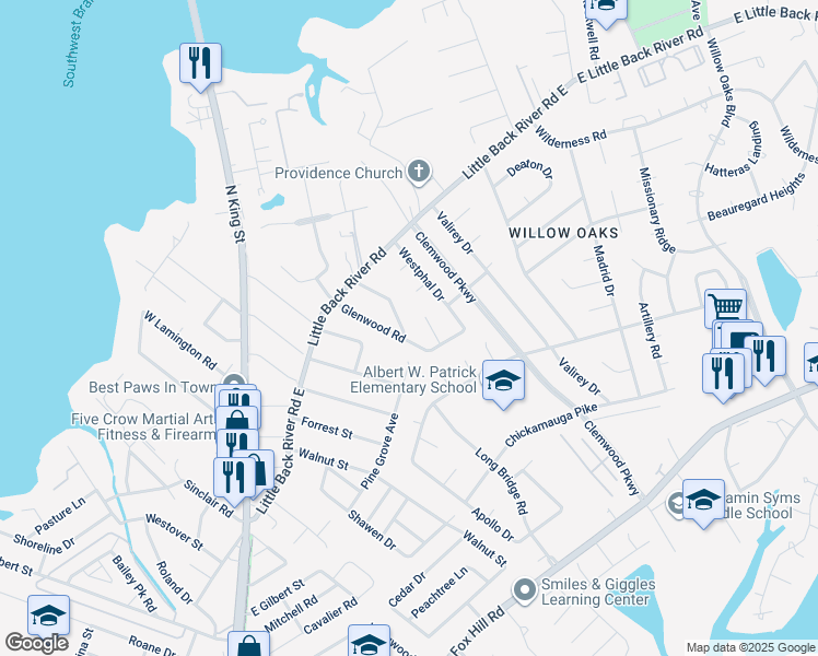 map of restaurants, bars, coffee shops, grocery stores, and more near 127 Rosewood Drive in Hampton