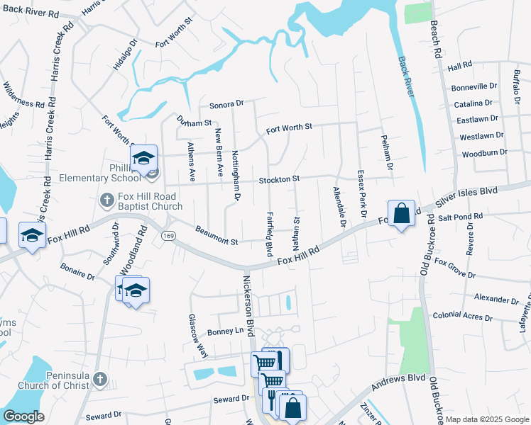 map of restaurants, bars, coffee shops, grocery stores, and more near 625 Fairfield Boulevard in Hampton