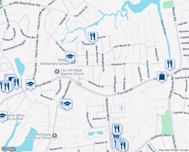 map of restaurants, bars, coffee shops, grocery stores, and more near 611 Houston Avenue in Hampton