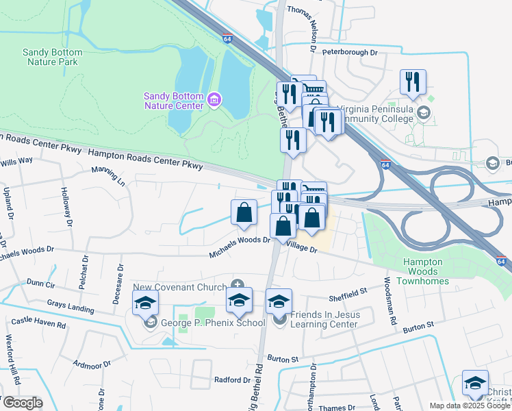 map of restaurants, bars, coffee shops, grocery stores, and more near 13 Tindalls Way in Hampton