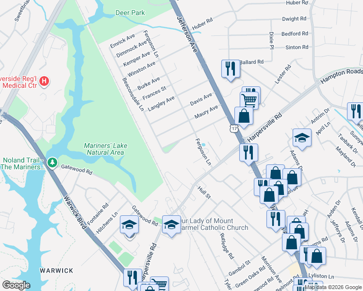 map of restaurants, bars, coffee shops, grocery stores, and more near 8 Newport Avenue in Newport News