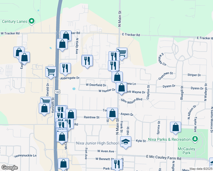 map of restaurants, bars, coffee shops, grocery stores, and more near 108 West Hunter Drive in Nixa