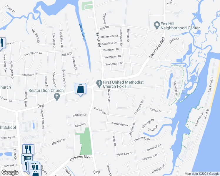map of restaurants, bars, coffee shops, grocery stores, and more near 1800 Revere Drive in Hampton