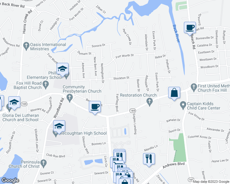 map of restaurants, bars, coffee shops, grocery stores, and more near 625 Fairfield Boulevard in Hampton