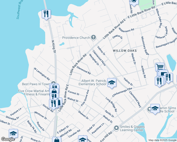 map of restaurants, bars, coffee shops, grocery stores, and more near 123 Glenwood Road in Hampton