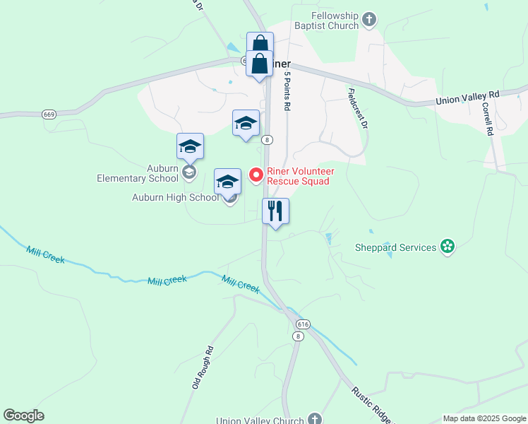 map of restaurants, bars, coffee shops, grocery stores, and more near 4315 Riner Road in Riner