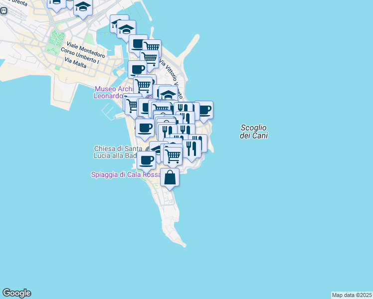 map of restaurants, bars, coffee shops, grocery stores, and more near 29 Via Larga in Siracusa