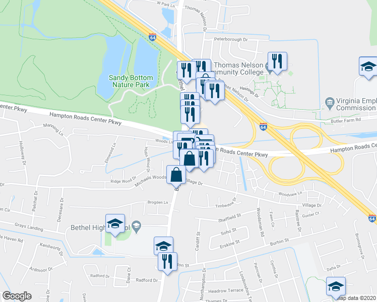 map of restaurants, bars, coffee shops, grocery stores, and more near 1194 Big Bethel Road in Hampton