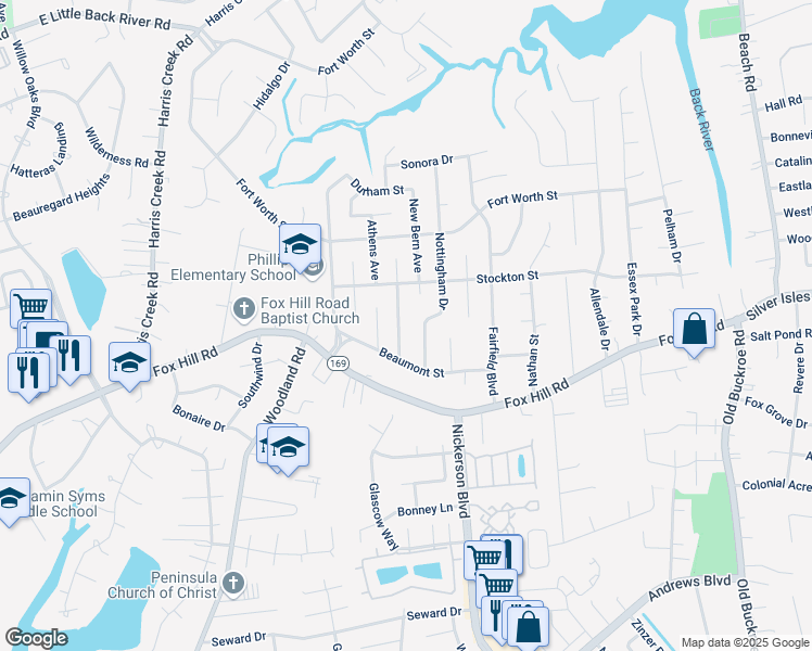 map of restaurants, bars, coffee shops, grocery stores, and more near 611 Houston Avenue in Hampton