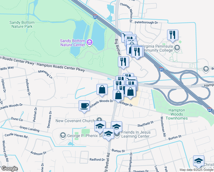 map of restaurants, bars, coffee shops, grocery stores, and more near 13 Tindalls Way in Hampton