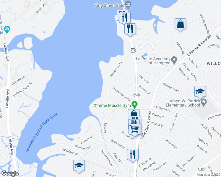 map of restaurants, bars, coffee shops, grocery stores, and more near 4 Hampshire Drive in Hampton