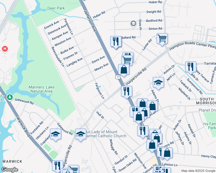map of restaurants, bars, coffee shops, grocery stores, and more near 400 Lennon Drive in Newport News