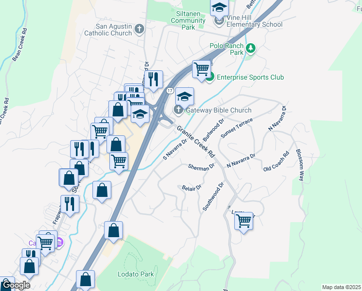 map of restaurants, bars, coffee shops, grocery stores, and more near 121 S Navarra Dr in Scotts Valley