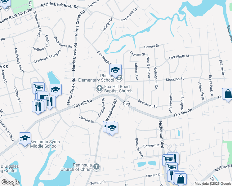 map of restaurants, bars, coffee shops, grocery stores, and more near 403 Fox Hill Road in Hampton