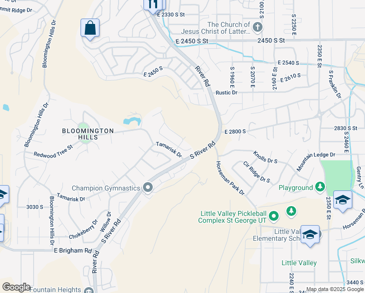 map of restaurants, bars, coffee shops, grocery stores, and more near 1748 Maplewood Way in St. George