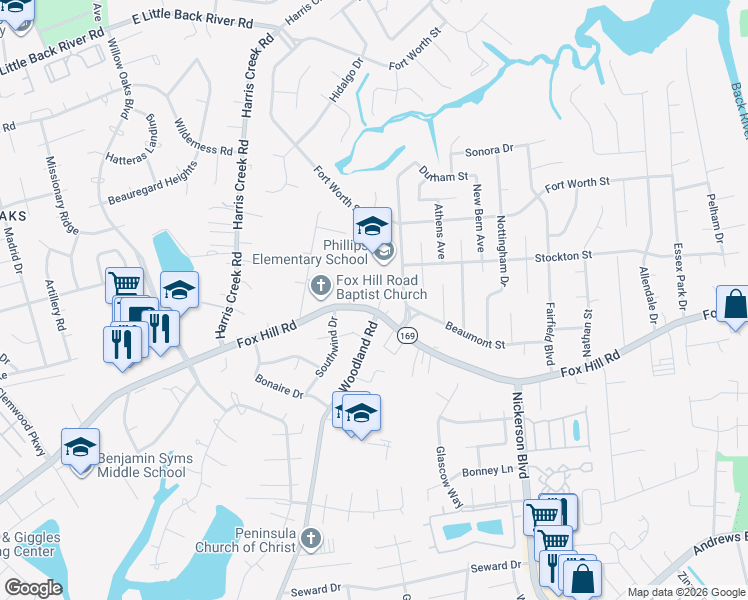 map of restaurants, bars, coffee shops, grocery stores, and more near 403 Fox Hill Road in Hampton