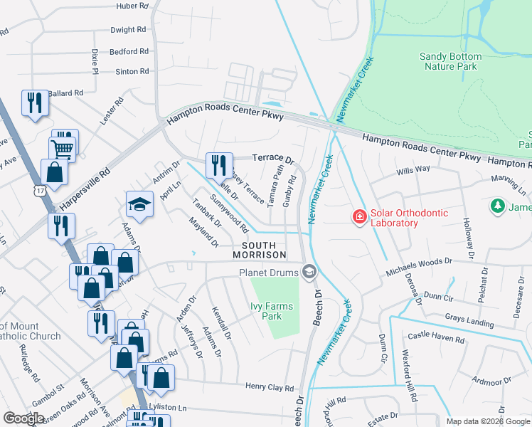 map of restaurants, bars, coffee shops, grocery stores, and more near 725 Michelle Drive in Newport News
