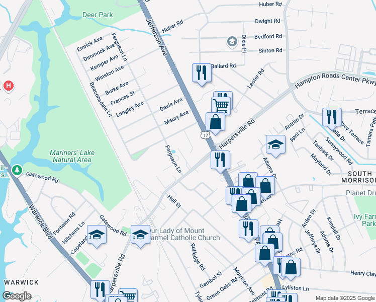 map of restaurants, bars, coffee shops, grocery stores, and more near 400 Lennon Drive in Newport News