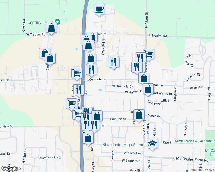 map of restaurants, bars, coffee shops, grocery stores, and more near 309 West Hunter Drive in Nixa