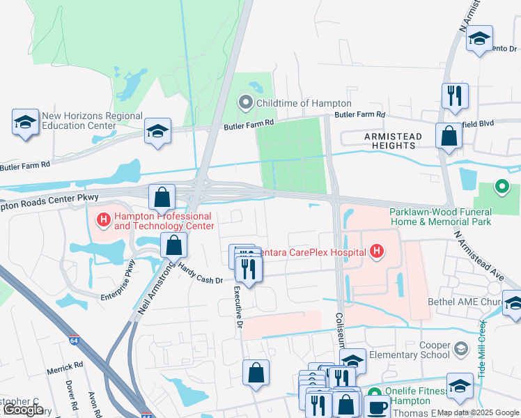 map of restaurants, bars, coffee shops, grocery stores, and more near 1305 Caldwell Drive in Hampton