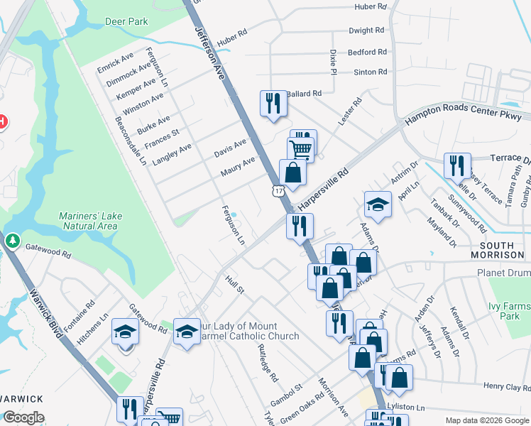 map of restaurants, bars, coffee shops, grocery stores, and more near 2 Howard Court in Newport News