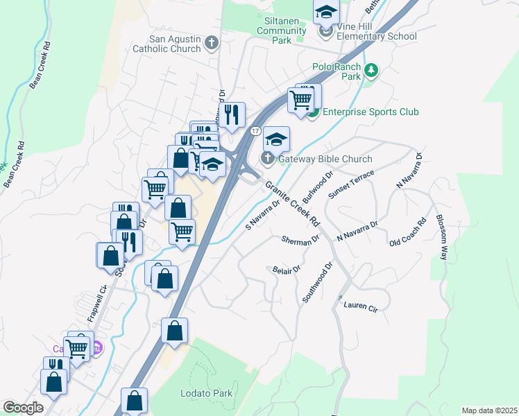 map of restaurants, bars, coffee shops, grocery stores, and more near 121 South Navarra Drive in Scotts Valley