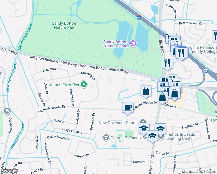map of restaurants, bars, coffee shops, grocery stores, and more near 69 Woods Lane in Hampton