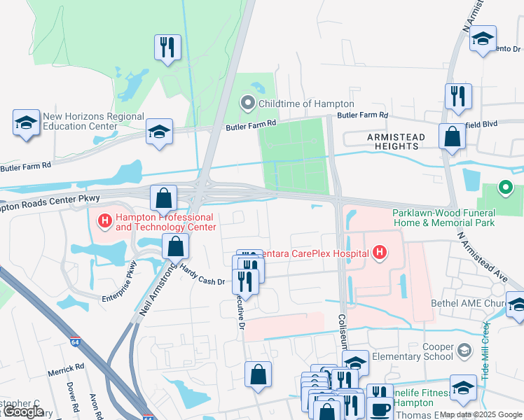 map of restaurants, bars, coffee shops, grocery stores, and more near 1305 Caldwell Drive in Hampton