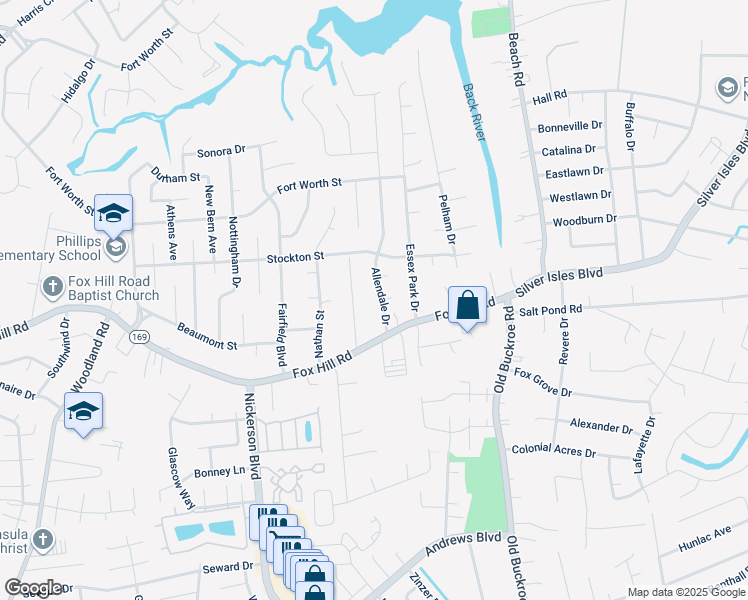 map of restaurants, bars, coffee shops, grocery stores, and more near 609 Allendale Drive in Hampton