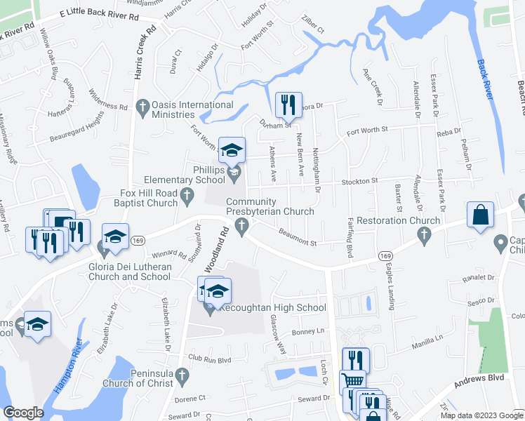 map of restaurants, bars, coffee shops, grocery stores, and more near 612 Greenville Court in Hampton