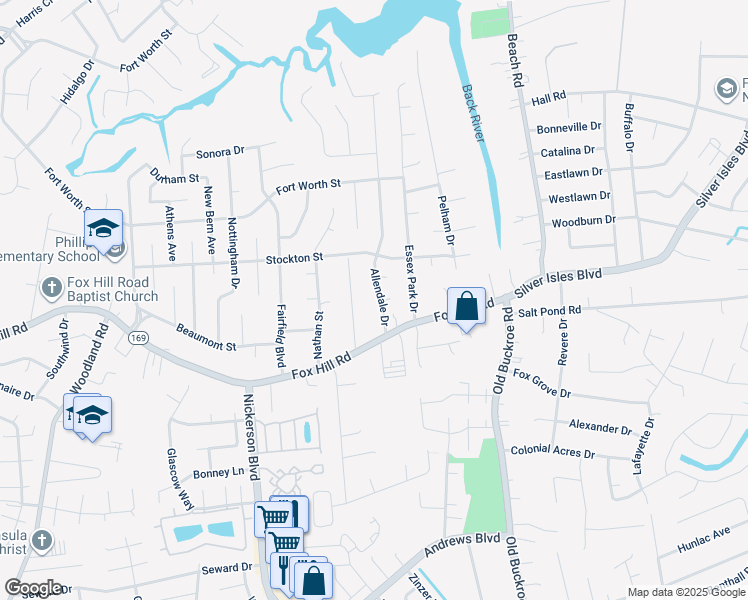 map of restaurants, bars, coffee shops, grocery stores, and more near 609 Allendale Drive in Hampton