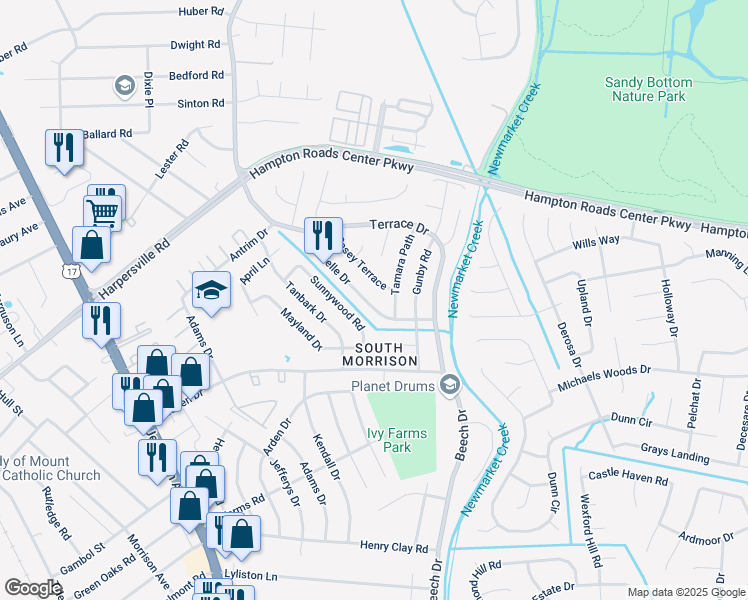 map of restaurants, bars, coffee shops, grocery stores, and more near 730 Michelle Drive in Newport News