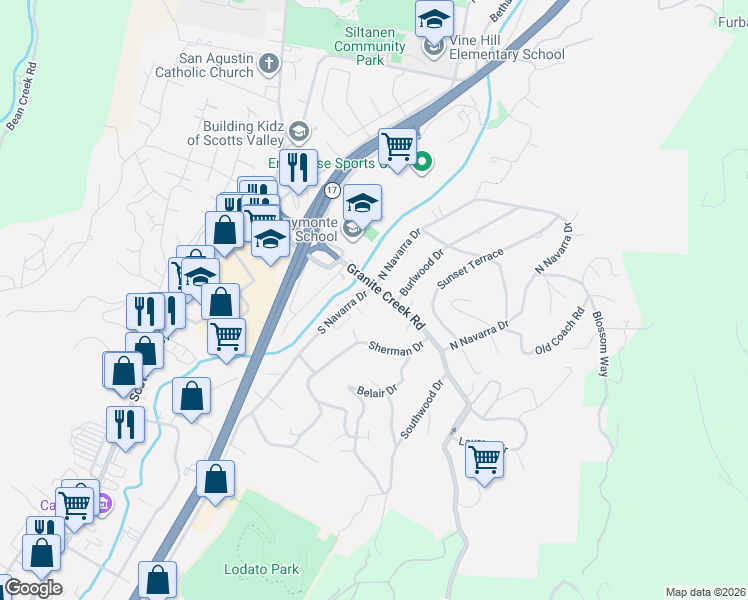map of restaurants, bars, coffee shops, grocery stores, and more near 4003 Granite Creek Road in Scotts Valley