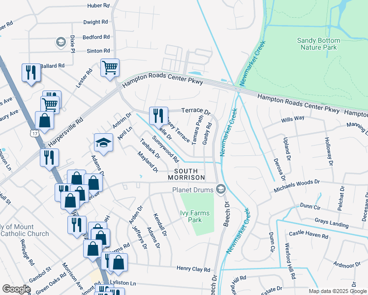 map of restaurants, bars, coffee shops, grocery stores, and more near 730 Michelle Drive in Newport News