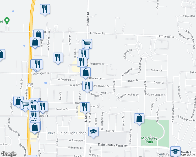 map of restaurants, bars, coffee shops, grocery stores, and more near 111 Deanna Lane in Nixa