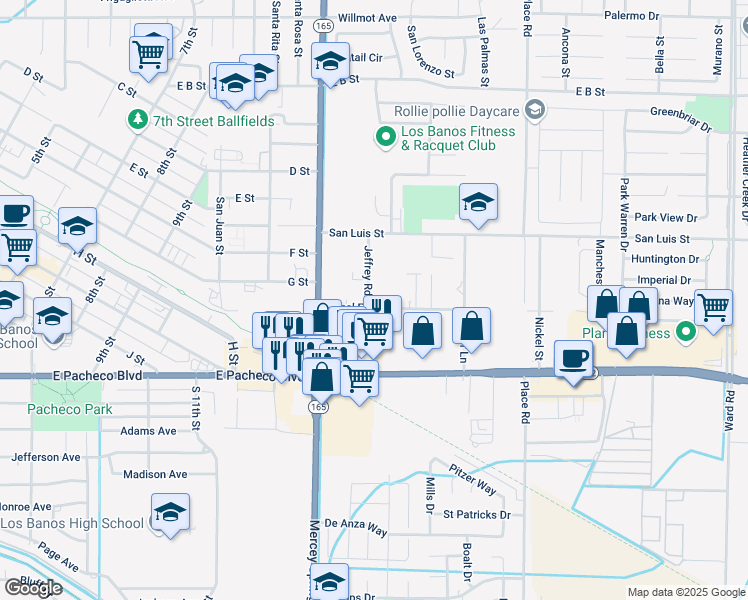 map of restaurants, bars, coffee shops, grocery stores, and more near 1445 Canal Farm Lane in Los Banos