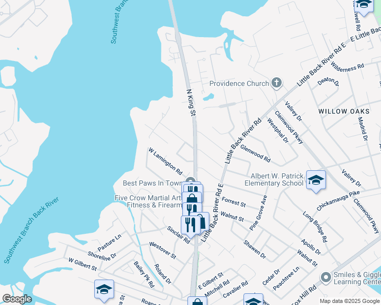 map of restaurants, bars, coffee shops, grocery stores, and more near 1506 North King Street in Hampton