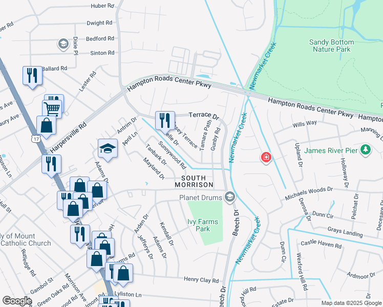 map of restaurants, bars, coffee shops, grocery stores, and more near 725 Michelle Drive in Newport News
