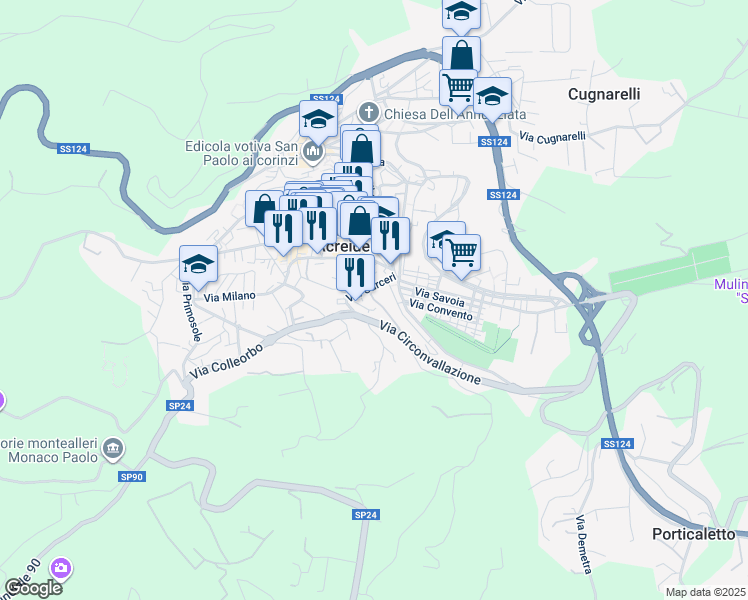 map of restaurants, bars, coffee shops, grocery stores, and more near 6 Ronco Solone in Palazzolo Acreide