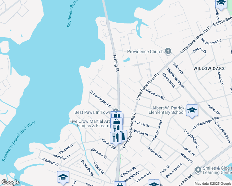 map of restaurants, bars, coffee shops, grocery stores, and more near 1506 North King Street in Hampton