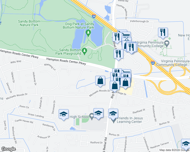 map of restaurants, bars, coffee shops, grocery stores, and more near 63 Hollis Wood Drive in Hampton