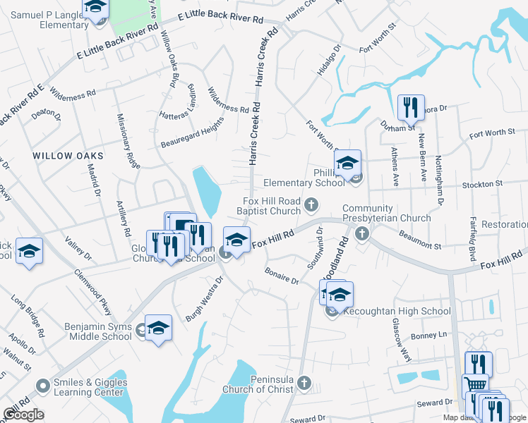 map of restaurants, bars, coffee shops, grocery stores, and more near 2 O'Keefe Lane in Hampton
