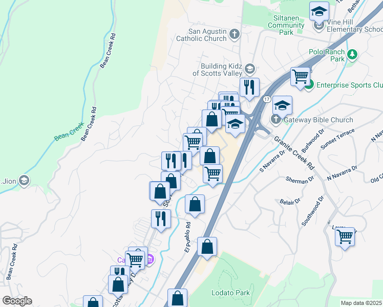 map of restaurants, bars, coffee shops, grocery stores, and more near Scotts Valley Drive in Scotts Valley