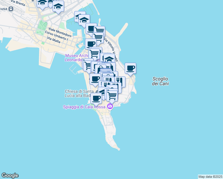 map of restaurants, bars, coffee shops, grocery stores, and more near 6 Piazza San Giuseppe in Siracusa