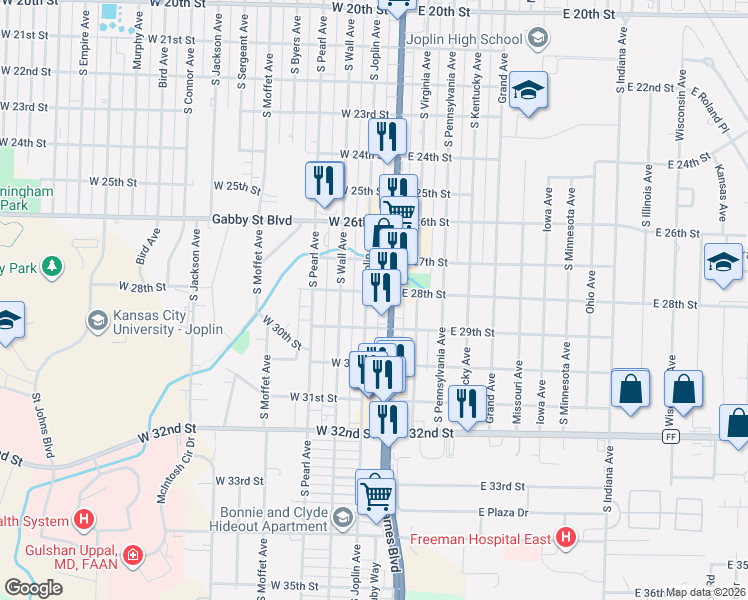 map of restaurants, bars, coffee shops, grocery stores, and more near 2816 South Main Street in Joplin