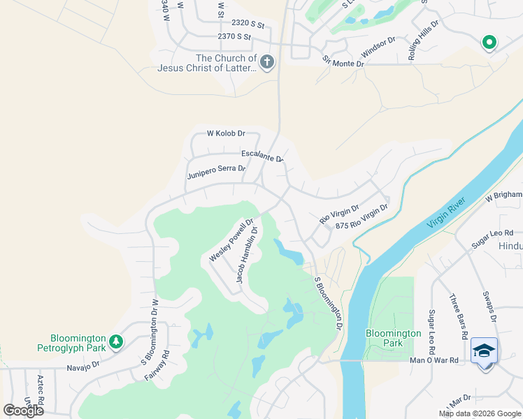 map of restaurants, bars, coffee shops, grocery stores, and more near 1054 Wesley Powell Drive in St. George