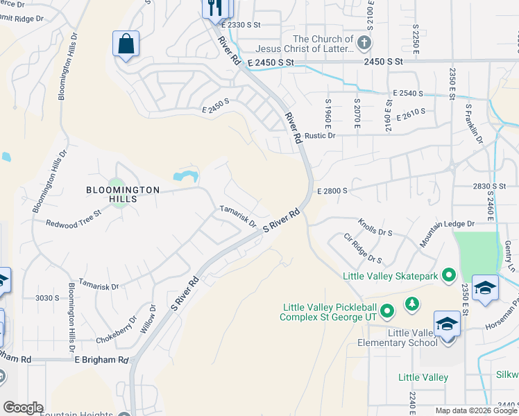 map of restaurants, bars, coffee shops, grocery stores, and more near 1748 Maplewood Way in St. George