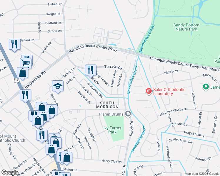 map of restaurants, bars, coffee shops, grocery stores, and more near 725 Michelle Drive in Newport News