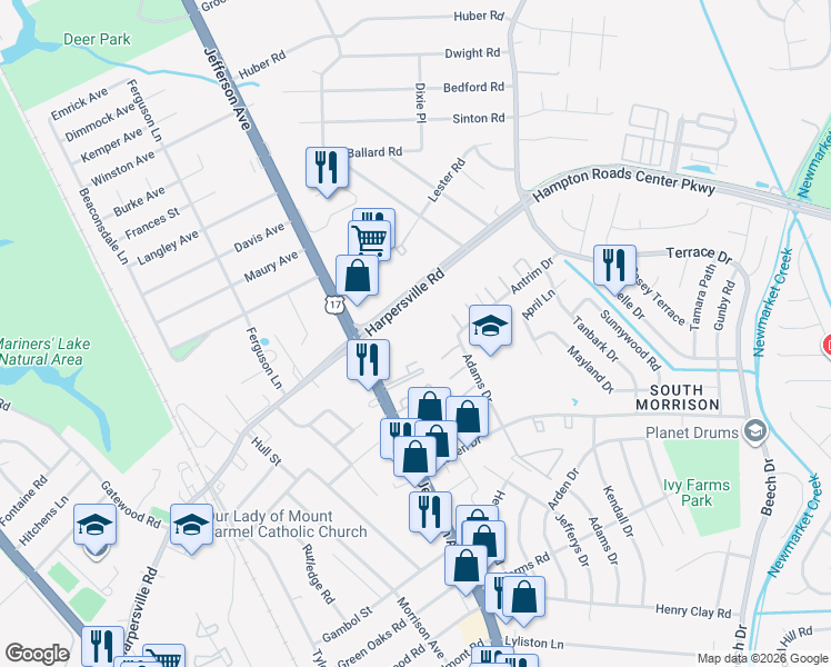 map of restaurants, bars, coffee shops, grocery stores, and more near 11122 Jefferson Avenue in Newport News